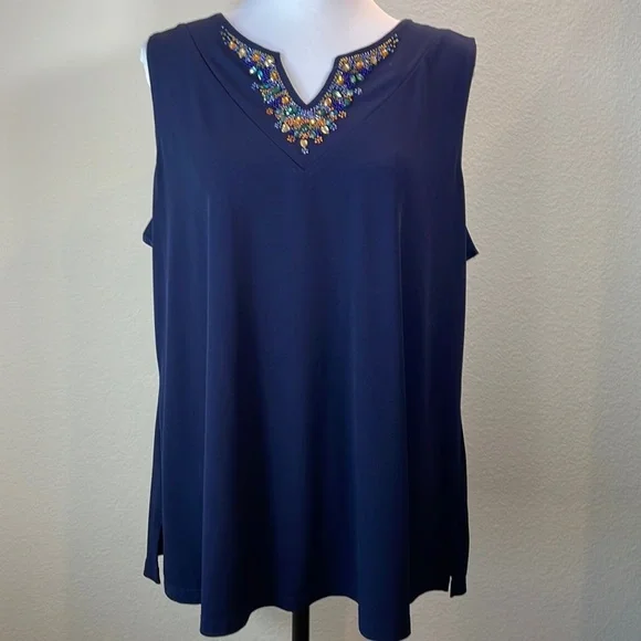 🌸Susan Graver Top Size 1X Navy Beaded Rhinestone Liquid Knit Travel EUC - Picture 1 of 4